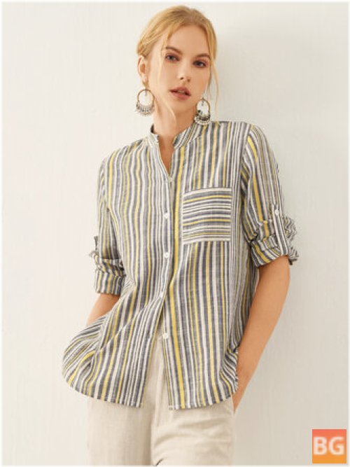 Button Pocket Stand Collar Blouse with Stripes