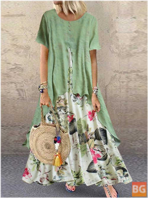 Short Sleeve O-neck Print Pocket Long Maxi Dress