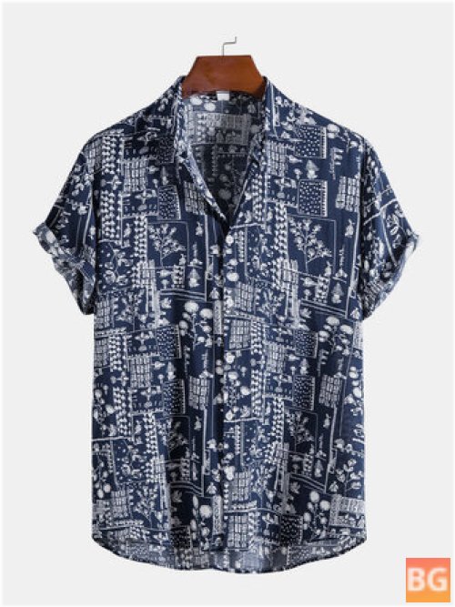 Short Sleeve Button-Up Shirt with Ethnic Floral Print