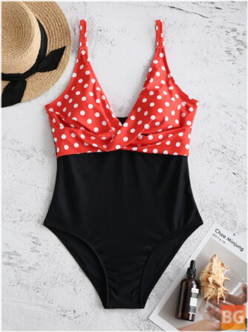 One-Piece High Waisted Plunge Swimsuit with Polka Dots