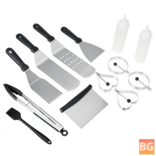 Grill spatula tongs, egg ring flipper, and scraper set