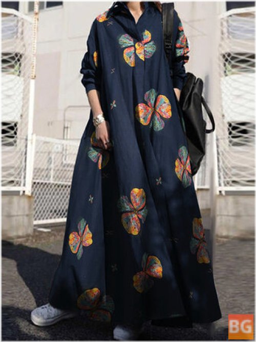 Women's Retro Floral Print Lapel Bohemian Loose-Sleeve Maxi Shirt Dress