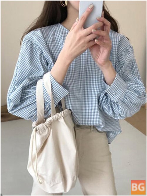 Plaid Puff Sleeve Blouse for Women