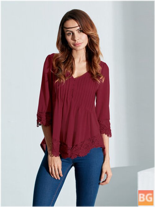 Casual Women V-Neck Pleated Lace Patchwork Blouse