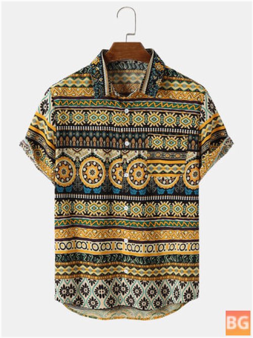 Short Sleeve Button-Up Shirt with Men's Ethnic Style Chest Pocket