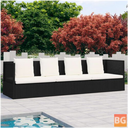 Outdoor Lounge Bed with Cushion & Pillows - Poly Rattan