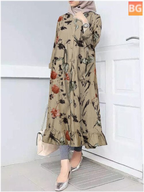 Women Floral Print Kaftan Ruffle Hem Shirt Maxi Dress With Pocket