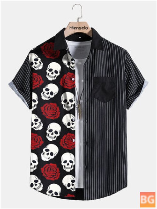 Rose Skull Patchwork Short Sleeve Shirts for Men