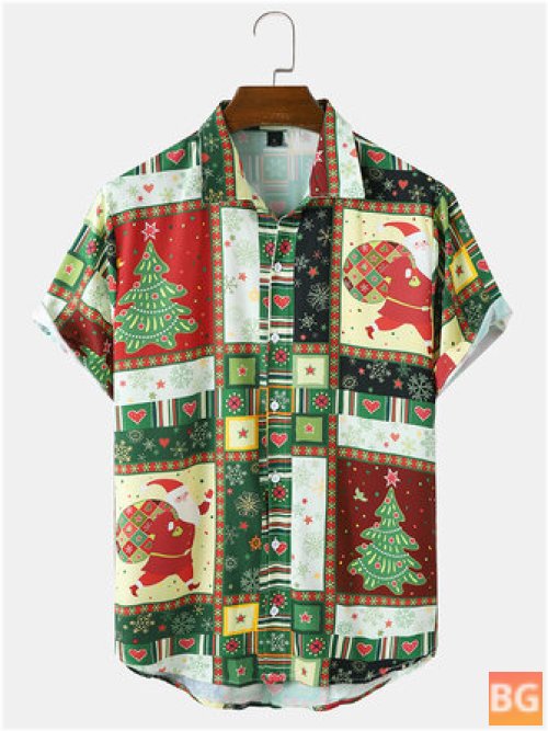 Short Sleeve Men's Christmas Ethnic Contrast Santa Pattern Button-Up Shirt