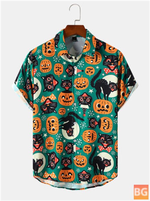 Short Sleeve Men's T-Shirts with Pumpkin & Cat Pattern