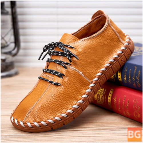 Soft Leather Breathable Lace-Up Panel Hand-Sewn Loafers for Men