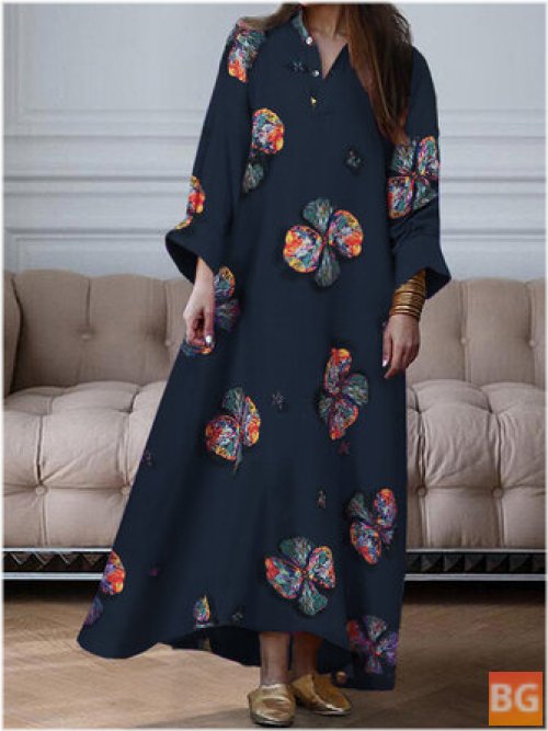 Women's Floral Printing V-Neck Long Sleeve Button-Up Shirt Dress