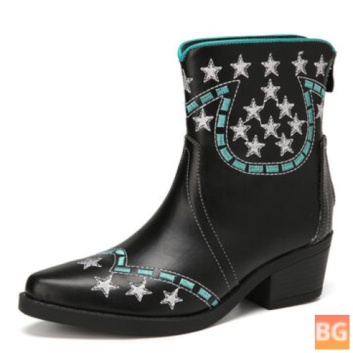 Chunky Heel Boots with Stars Pattern