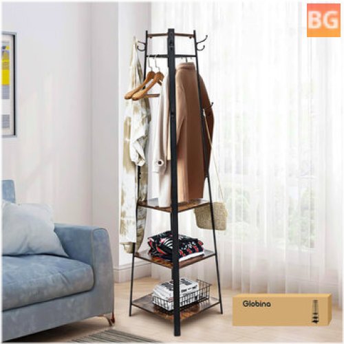 Hall Tree Stand with Shelf, 8 Hooks, 3 Shelves - Industrial Wood Furniture