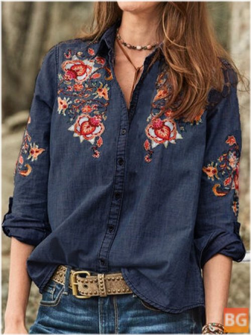 Women's Long Sleeve V Neck Buttons Flower Embroidered T-Shirts