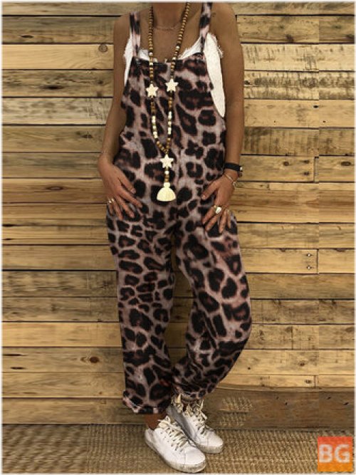 Leopard Print Sleeveless Jumpsuit with Back Pockets for Women