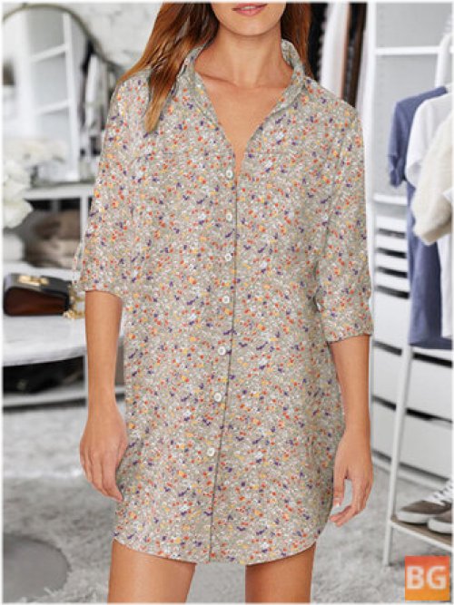 Women's Ditsy Floral Print Lapel Shirts - Long Sleeve Casual