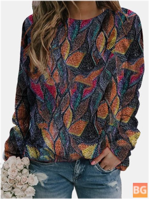 Women's Vintage Colorful Leaves Printed Round Neck Sweatshirt