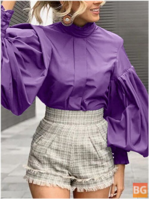 Daily Solid Colors Blouse with a Collar Lantern Sleeve