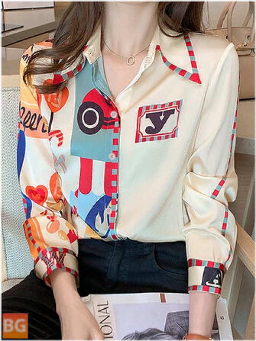 Women's Print Lapel Shirt with Long Sleeve Button Front