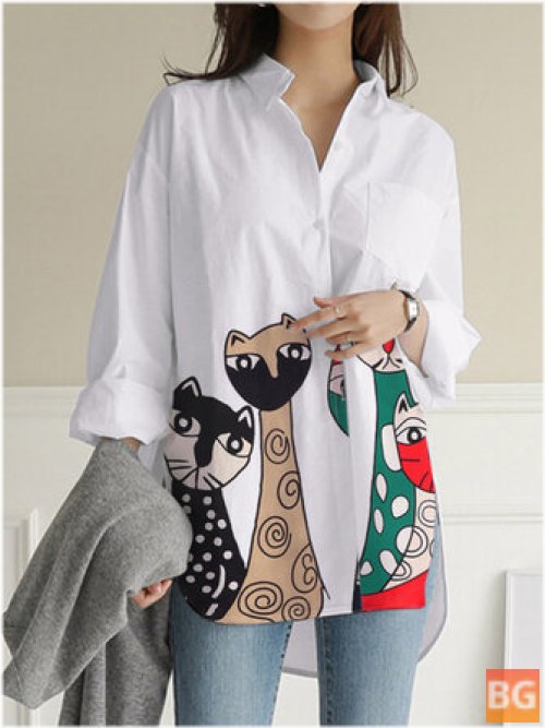 Long Sleeve Casual Shirt with Cat Pattern