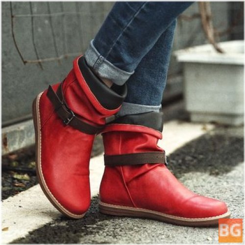 Women's Retro Leather Belt - Round Toe Ankle Boots