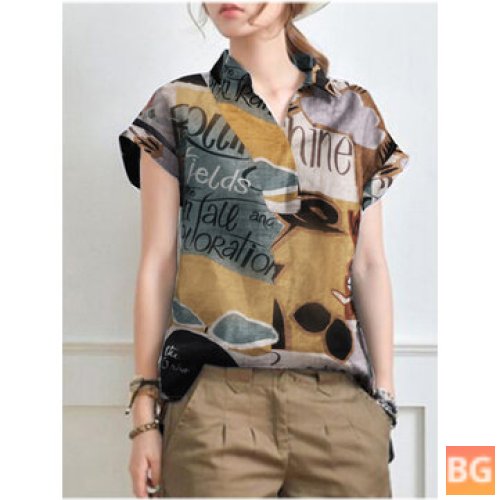 Short Sleeve Abstract Letter Plaid Blouse