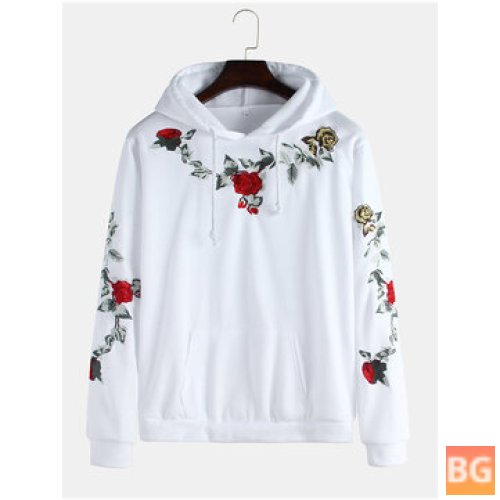 Long Sleeve Hooded Drawstring Sweatshirt with Rose Embroidery