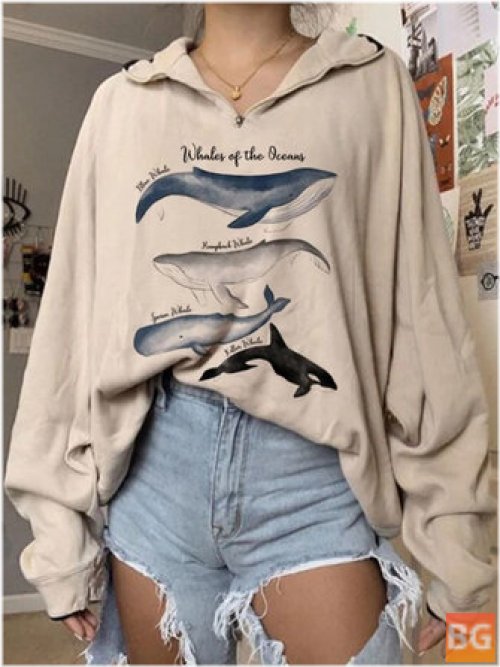 Women's V-Neck Whale Print Loose Pullover Sweatshirt