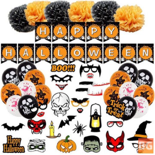 Halloween Party Balloons - Banner, Photo Booth Props, Scary Selfie Card