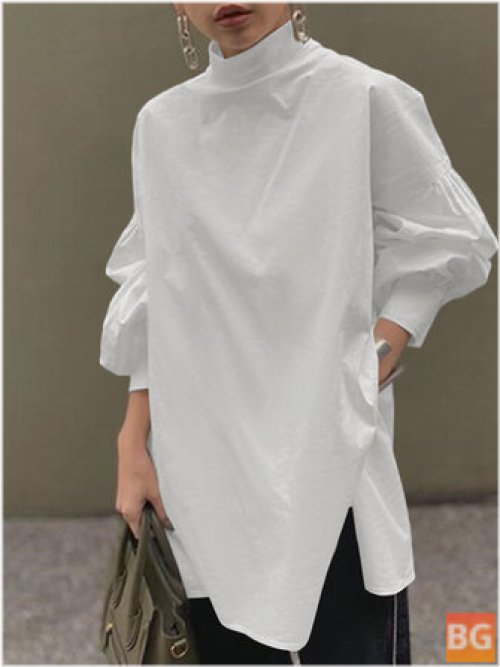 Turtleneck Puff Sleeve Blouse with High Low Hem