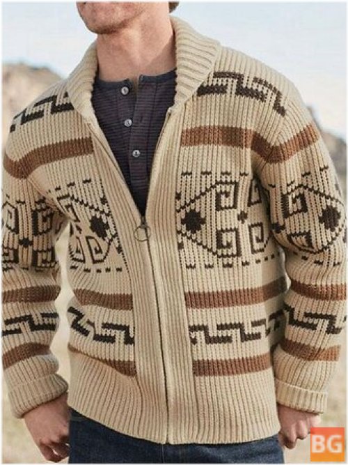 Mens Ethnic Print Zip-Up Sweater