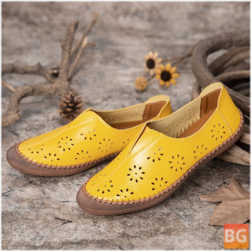 Women's Genuine Leather Flats with Hollow Out Spring and Breathable Band - Loafers