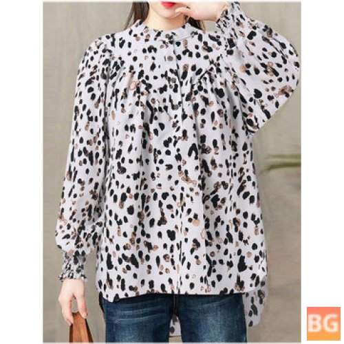 Button Ruched Lantern Sleeve Blouse