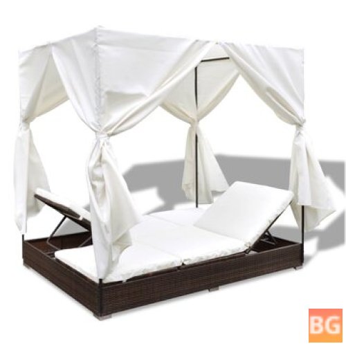 Outdoor Lounge Bed with Curtains - Poly Rattan Brown