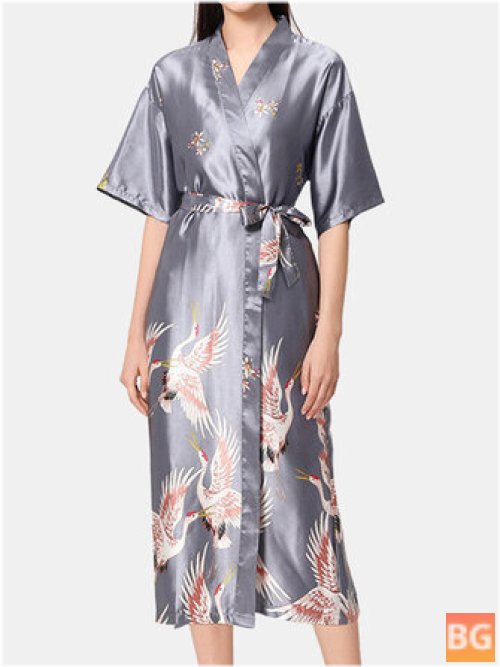 Half Sleeve Robes for Women - Ethnic Style Crane Print