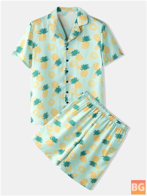Pajama Set with Funny Pineapple Print Faux SIK Revere Collar and Breathable Sleepwear