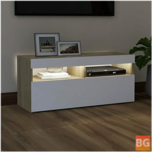 TV Cabinet with LED Lights - White and Oak 35.4