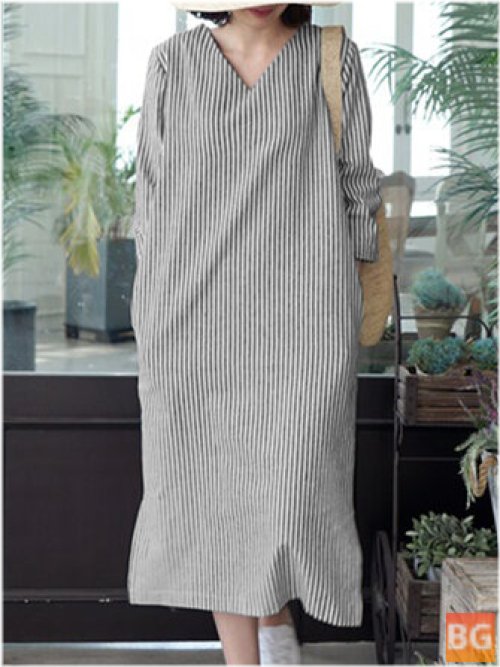 Slit Hem Stripe V-neck Dress with Pockets