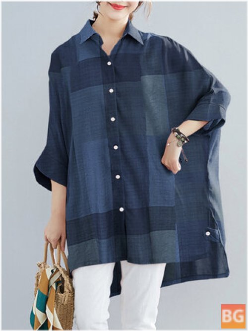 Plaid High-Low Shirt with Wide Sleeves