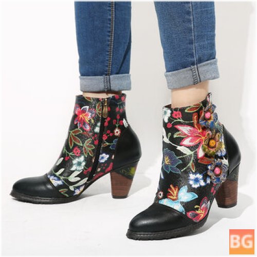 Women's Floral Stacked Heel Ankle Boots