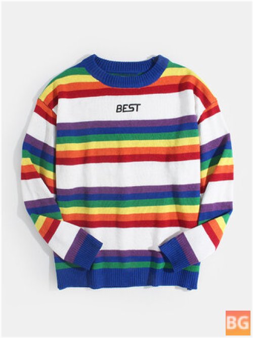 Colorful Horizontal Striped Letter Embroidery Knit Casual Pullover Sweaters
