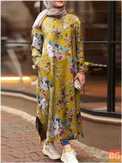 Women Cotton Floral Print Robe Shirt Dress With Pocket