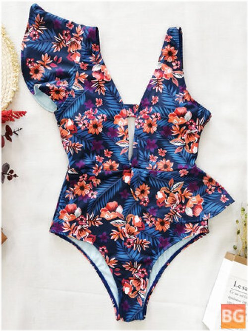 One-Piece Swimsuit with Floral Print Asymmetric Ruffle Design