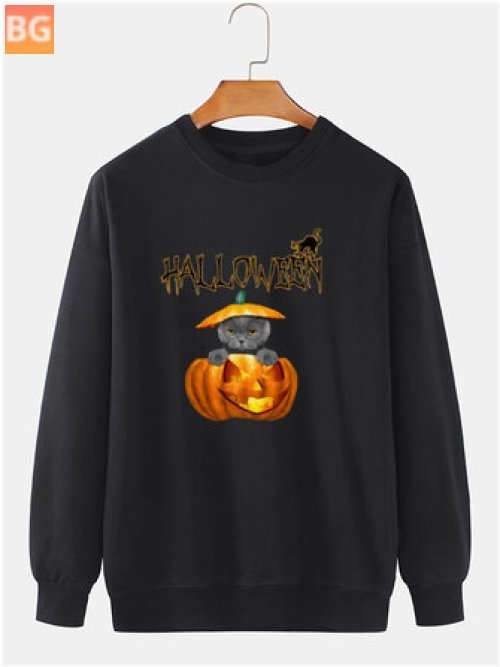 100% Cotton Halloween Pumpkin & Cat Print Pullover Sweatshirt