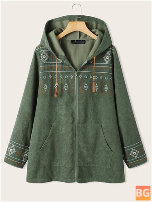 Women's Ethnic Corduroy Embroidery Floral Zipper Front Coats