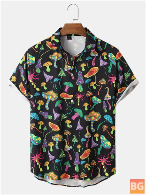 Short Sleeve Shirt with Cartoon Mushroom Print