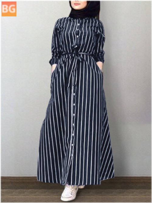 Women's Vertical Stripe Lapel Kaftan Shirt Maxi Dresses