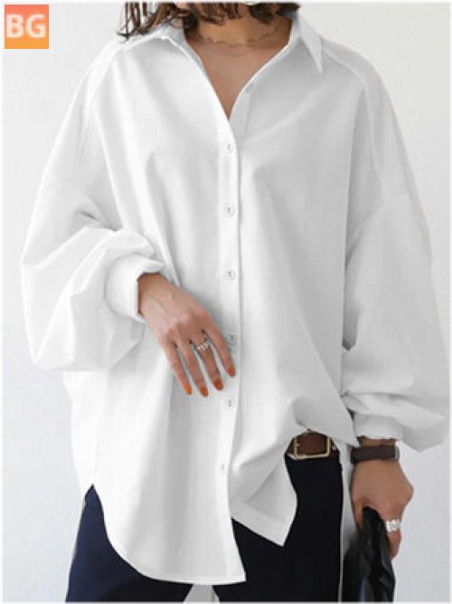 Plus Size Casual Lapel Shirt - High Low Hem Drop Shoulders Solid Urban Style Shirts
