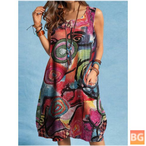 Abstract Painted Button Pocket Sleeveless Dress